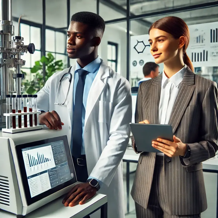 Two biotech professionals beside a mass spectrometer in a laboratory