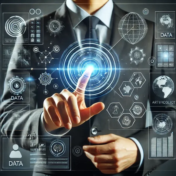 Professional touching a holographic data interface, illustrating artificial intelligence