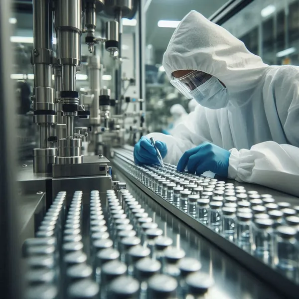 Technician inspecting vials on a biologics manufacturing line