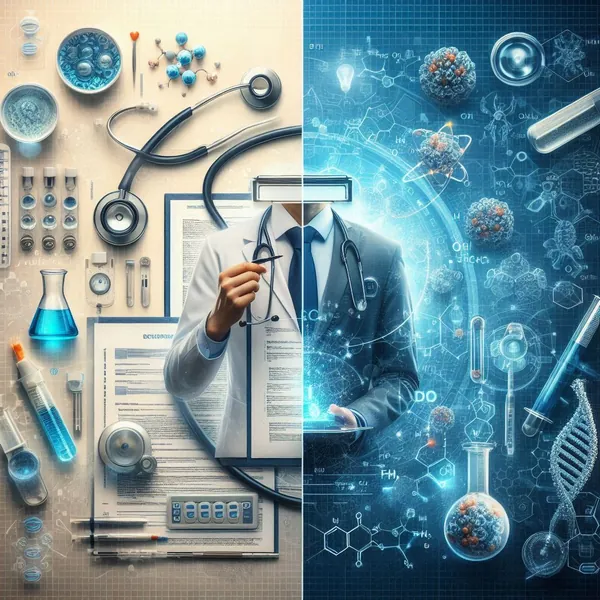Researcher surrounded by laboratory and molecular imagery, illustrating clinical and basic research