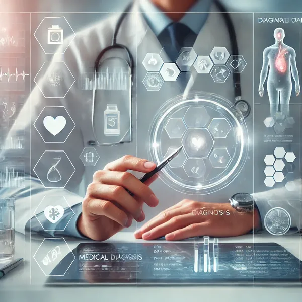 Physician reviewing digital medical data, illustrating diagnosis and prognosis