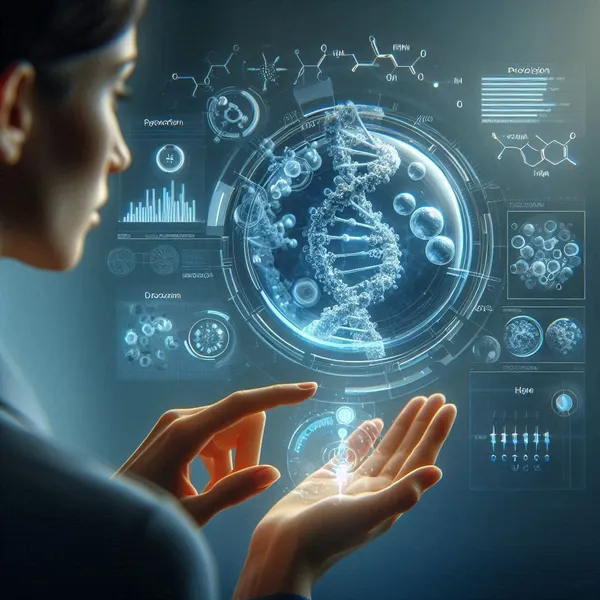 Scientist interacting with a holographic protein model, illustrating drug discovery