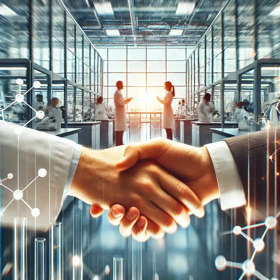 Handshake in a modern laboratory, representing partnership and commitment