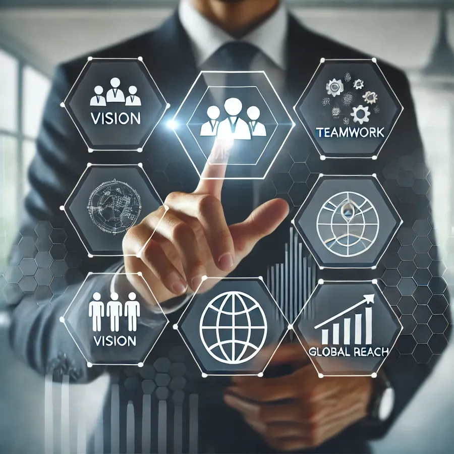 Business professional selecting icons for vision, teamwork and global reach